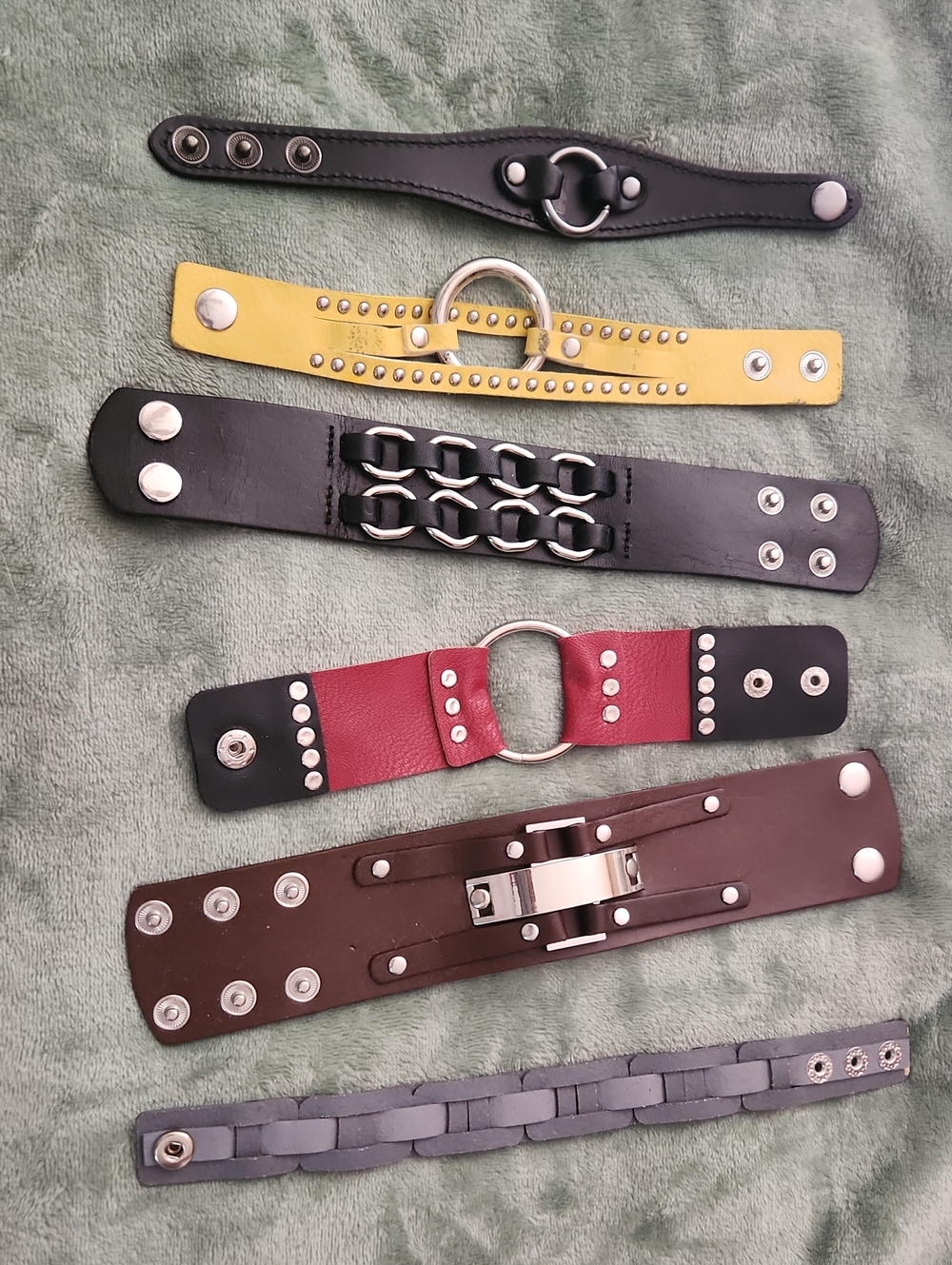 Assorted Snap-Closure Leather Wrist Cuffs in Black, Red, Brown, Yellow, Gray